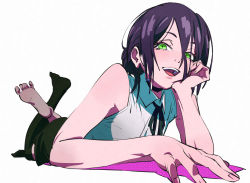 Rule 34 | 1girl, ass, bare shoulders, barefoot, black choker, black hair, black legwear, black shorts, chainsaw man, choker, collared shirt, feet, green eyes, hair between eyes, hair bun, hand on own cheek, hand on own face, looking at viewer, lying, mono graph, on stomach, open mouth, reze (chainsaw man), shirt, shorts, single hair bun, sleeveless, sleeveless shirt, soles, solo, the pose, white background