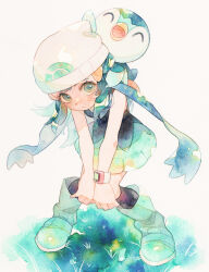 Rule 34 | 1girl, alternate color, beanie, black socks, blue scarf, blush, boots, closed mouth, creatures (company), dawn (pokemon), eyelashes, floating scarf, game freak, gen 4 pokemon, green eyes, green footwear, green hair, hair ornament, hairclip, hat, highres, hunched over, kneehighs, knees together feet apart, long hair, looking at viewer, nintendo, oharu-chan, own hands together, painting (medium), piplup, pokemon, pokemon (creature), pokemon dppt, pokemon on back, scarf, sleeveless, socks, standing, traditional media, watercolor (medium), white hat
