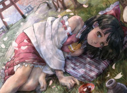 Rule 34 | 1girl, alcohol, bad id, bad pixiv id, black hair, bohemian archive in japanese red, bow, brown eyes, cherry blossoms, cup, detached sleeves, dutch angle, female focus, hair bow, hakurei reimu, hamoto, japanese clothes, lying, miko, on side, petals, pillow, sakazuki, sake, short hair, smile, solo, torii, touhou