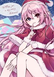 Rule 34 | 1girl, blue eyes, blush, christmas, dress, finger to mouth, finger to own chin, hat, heterochromia, highres, long hair, looking at viewer, moravia (paradigm paradox), oshima hanto, paradigm paradox, pink eyes, pink hair, santa costume, santa dress, santa hat, shushing, smile, snowing, solo, teeth