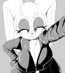 Rule 34 | 1girl, black bodysuit, black gloves, bodysuit, breasts, cleavage, collarbone, curvy, furry, gloves, grey background, hand on own hip, kappa spark, large breasts, leaning forward, long ears, long sleeves, looking at viewer, mature female, monochrome, nose, rabbit, rabbit ears, rabbit girl, seductive smile, simple background, smile, solo, sonic (series), vanilla the rabbit, zipper