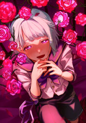 Rule 34 | 1boy, absurdres, androgynous, blue hair, blue sailor collar, blue shorts, ensemble stars!, flower, heart, heart in eye, highres, light blue hair, looking at viewer, looking up, male focus, open mouth, pink flower, pink rose, piry, purple eyes, rose, sailor collar, shino hajime, shirt, short hair, shorts, smile, solo, symbol in eye, white shirt, yandere