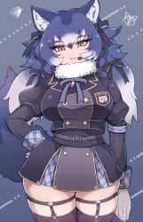 Rule 34 | 1girl, animal ear fluff, animal ears, arm at side, armband, belt, black hair, black thighhighs, blue hair, blue lips, bridal garter, cowboy shot, dire wolf (kemono friends), empty eyes, fur collar, garter straps, gloves, grey hair, hair ornament, hair ribbon, hand on own hip, head tilt, headset, highres, jacket, juliet sleeves, kemono friends, kemono friends v project, lipstick, long hair, long sleeves, looking at viewer, makeup, microskirt, multicolored hair, neck ribbon, official alternate costume, parted lips, plaid, plaid sleeves, plaid trim, puffy sleeves, ribbon, skindentation, skirt, smile, solo, tail, tanaka kusao, thighhighs, thighs, twintails, virtual youtuber, white gloves, wide hips, wolf ears, wolf girl, wolf tail, yellow eyes, zettai ryouiki