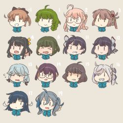 Rule 34 | 6+girls, akigumo (kancolle), asashimo (kancolle), astcd2, black hair, braid, brown hair, commentary, english commentary, fujinami (kancolle), glasses, green hair, grey background, grin, hair over one eye, hamanami (kancolle), hayanami (kancolle), hayashimo (kancolle), head only, highres, kantai collection, kazagumo (kancolle), kiyoshimo (kancolle), makigumo (kancolle), mole, mole under eye, multiple girls, naganami (kancolle), okinami (kancolle), open mouth, pink hair, ponytail, side ponytail, silver hair, simple background, single braid, smile, takanami (kancolle), twintails, yuugumo (kancolle), | |, || ||