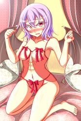 Rule 34 | 1girl, babydoll, bad id, bad pixiv id, bare arms, bare legs, bare shoulders, barefoot, bat wings, blanket, blue hair, blush, breasts, camisole, collarbone, curtains, embarrassed, fangs, fingernails, full-face blush, hands up, lingerie, looking at viewer, medium breasts, nail polish, navel, no headwear, no headwear, nose blush, on bed, open mouth, own hands clasped, own hands together, panties, pillow, red nails, red panties, red ribbon, remilia scarlet, ribbon, sayossa (pak-front), sharp fingernails, short hair, solo, stomach, tassel, touhou, underwear, underwear only, wings