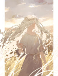 Rule 34 | 1boy, androgynous, blonde hair, braid, cloud, collarbone, commentary, cowboy shot, day, dress, elden ring, eyes visible through hair, field, floating hair, grey sky, hair over eyes, highres, kero 1110, long hair, looking at viewer, male focus, miquella (elden ring), multiple braids, one eye covered, outdoors, outside border, pillarboxed, reaching, reaching towards viewer, sky, solo, standing, wheat field, white dress, wind, yellow eyes