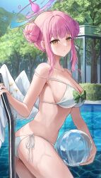 Rule 34 | 1girl, absurdres, accessories, alternate costume, ass, ball, beachball, bikini, blue archive, blush, breasts, chie (user snfh8333), double bun, hair bun, halo, highres, large breasts, looking at viewer, low wings, mika (blue archive), pink hair, pool, solo, swimsuit, tree, water, wings, yellow eyes