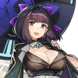 1girl belt black_jacket blue_bow blue_ribbon blunt_bangs blunt_ends blush bob_cut bow breasts cleavage daika_(last_origin) eyebrows_hidden_by_hair female_focus game_cg green_eyes hair_bow hair_ornament hair_ribbon head_tilt high_collar holding holding_umbrella jacket jacket_on_shoulders large_breasts last_origin looking_at_viewer mole mole_under_eye official_art open_mouth over_shoulder paintale purple_hair ribbon short_hair smile transparent_background umbrella upper_body white_belt