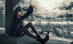 Rule 34 | 1girl, arm support, arm up, black hoodie, black pantyhose, boots, building, chocoshi, cityscape, cloud, cloudy sky, concrete, cup, dark clouds, green hair, head tilt, high heel boots, high heels, holding, holding cup, hood, hoodie, horizon, light, light particles, long hair, long sleeves, looking to the side, original, oversized clothes, pantyhose, parted lips, perspective, pleated skirt, post-apocalypse, red eyes, scenery, shadow, sitting, skirt, sky, skyline, solo, very long hair, wide sleeves