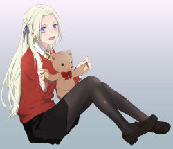 Rule 34 | 1girl, :d, alternate costume, asao (vc), black footwear, black pantyhose, black skirt, blouse, braid, collared shirt, contemporary, edelgard von hresvelg, fire emblem, fire emblem: three houses, french braid, from side, full body, gradient background, grey background, hair ribbon, highres, loafers, long hair, long sleeves, looking at viewer, miniskirt, necktie, nintendo, open mouth, pantyhose, pleated skirt, purple eyes, purple ribbon, red sweater, ribbon, school uniform, shiny clothes, shiny legwear, shirt, shoes, silver hair, skirt, smile, solo, striped necktie, striped neckwear, stuffed animal, stuffed toy, sweater, teddy bear, very long hair, white shirt, wing collar