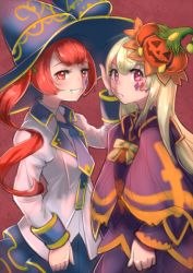 Rule 34 | 2girls, bad id, bad pixiv id, blonde hair, blush, bow, capelet, cosplay, costume switch, facepaint, frown, hair ornament, halloween, hand on another&#039;s cheek, hand on another&#039;s face, haruka (shironeko project), hat, hogi, misericorde (shironeko project), multiple girls, necktie, pumpkin hat, red eyes, red hair, ribbon, shironeko project, smile, witch hat