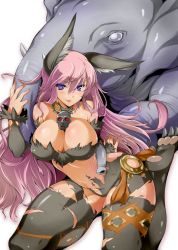 Rule 34 | 1girl, animal ears, arched back, bare shoulders, blue eyes, blush, breasts, character request, cleavage, elephant, large breasts, long hair, looking at viewer, misasagi tasuku, navel, necklace, pink hair, sangokushi taisen, skull necklace, smile, tsurime, white background