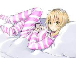 Rule 34 | 1girl, bed sheet, blonde hair, blush, cellphone, closed mouth, collarbone, hair between eyes, headphones, headphones around neck, holding, holding phone, ienaga mugi, long hair, long sleeves, looking at viewer, looking to the side, lying, moti yousei, nijisanji, no shoes, on back, pants, phone, pillow, shirt, simple background, sleeves past wrists, smartphone, socks, solo, striped clothes, striped pants, striped shirt, striped socks, virtual youtuber, white background, yellow eyes