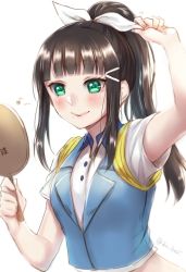 Rule 34 | 10s, 1girl, adjusting clothes, black hair, blunt bangs, blush, collar, commentary request, green eyes, hair ornament, hair ribbon, holding, holding mirror, idol, jpeg artifacts, kurosawa dia, lips, lma, long hair, looking at mirror, love live!, love live! school idol festival, love live! sunshine!!, mirror, mole, mole under mouth, musical note, ponytail, quaver, ribbon, short sleeves, smile, solo, spoken musical note, twitter username, white ribbon