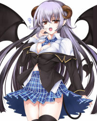 Rule 34 | 1girl, bat wings, black thighhighs, blazer, breasts, bubble, character request, cleavage, demon girl, demon horns, demon tail, horns, jacket, kindan no summon doll, long hair, navel, necktie, off shoulder, open mouth, orange eyes, plaid, plaid necktie, plaid neckwear, plaid skirt, pointy ears, silver hair, simple background, skirt, solo, tail, tears, thighhighs, utakata (kochou no yume), white background, wings