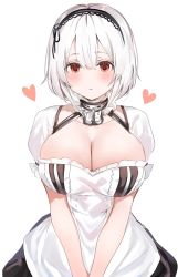 Rule 34 | 1girl, anchor, apron, azur lane, bad id, bad pixiv id, black dress, blush, breasts, cleavage, dress, hair between eyes, heart, highres, large breasts, looking at viewer, maid, parted lips, red eyes, short hair, short sleeves, simple background, sirius (azur lane), solo, upper body, v arms, white apron, white background, white hair, yuuko (030 yuko)