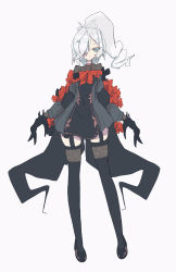 Rule 34 | 1girl, black bow, black dress, black footwear, black gloves, blue eyes, bow, breasts, creatures (company), darkrai, dress, game freak, gen 4 pokemon, gloves, hair over one eye, highres, legendary pokemon, looking at viewer, mythical pokemon, nintendo, pantyhose, personification, pokemon, ponytail, red bow, rein (3313), short hair, skindentation, small breasts, solo, white background, white hair