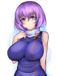 Rule 34 | 1girl, alternate breast size, alternate costume, aoshima, arm at side, bare arms, bare shoulders, breasts, closed mouth, dress, eyelashes, hair between eyes, head tilt, highres, huge breasts, impossible clothes, impossible shirt, letty whiterock, lips, looking at viewer, pink lips, purple dress, purple eyes, purple hair, shirt, short hair, sleeveless, sleeveless dress, smile, solo, touhou, upper body