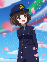 Rule 34 | 1girl, akiyama yukari, arms behind back, artist name, azzurra (aeronautica militare italiana), azzurra (aeronautica militare italiana) (cosplay), black necktie, blue hat, blue jacket, blue shirt, blue skirt, blue sky, blurry, blurry background, brown eyes, brown hair, cherry blossoms, cloud, cloudy sky, commentary, contrail, cosplay, cowboy shot, dated, day, dress shirt, female service cap, girls und panzer, hat, highres, insignia, italian air force, jacket, long sleeves, looking to the side, messy hair, military, military hat, military uniform, naotosi, necktie, open mouth, original, outdoors, pencil skirt, petals, shirt, short hair, skirt, sky, smile, solo, standing, uniform, wind, wing collar