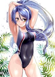 Rule 34 | 1girl, armpits, arms up, blue hair, breasts, competition swimsuit, cowboy shot, eiyuu densetsu, falcom, groin, highres, kasa (flamencoruby), laura s. arseid, long hair, medium breasts, one-piece swimsuit, plant, ponytail, sen no kiseki, smile, solo, swimsuit, twitter username, water drop, wet, yellow eyes