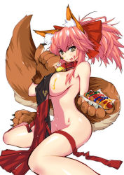Rule 34 | 1girl, animal ear fluff, animal ears, animal hands, apron, bell, blush, breasts, cat paws, cleavage, collar, covered erect nipples, fangs, fate/grand order, fate (series), food, fox ears, fox girl, fox tail, gloves, groin, hair ribbon, highres, hot dog, jingle bell, ketchup, large breasts, long hair, looking at viewer, mayonnaise, naked apron, navel, neck bell, paw gloves, paw shoes, pink hair, ponytail, red ribbon, ribbon, shoes, simple background, sitting, solo, tail, tamamo (fate), tamamo cat (fate), tsuzuki yoshio, white background, yellow eyes