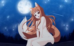 Rule 34 | 00s, 1girl, :d, animal ears, breasts, brown hair, convenient censoring, fang, floating hair, forest, from side, glowing, hair censor, hands on lap, happy, head tilt, highres, holo, long hair, looking at viewer, moon, moonlight, nature, navel, night, night sky, nude, official art, official wallpaper, okiyumi kase, open mouth, outdoors, plant, red eyes, shooting star, sitting, sky, small breasts, smile, solo, spice and wolf, star (sky), starry sky, tail, third-party edit, tree, v arms, vector trace, wallpaper, wolf ears, wolf tail