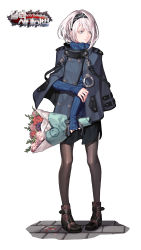 Rule 34 | 1girl, absurdres, arm grab, black hairband, black skirt, black survival, blue cape, blue coat, blue eyes, blue sweater, boots, bouquet, brown footwear, brown pantyhose, buttons, cape, cloak, closed mouth, coat, colored eyelashes, copyright name, cuffs, evilgun, eyelashes, fingernails, flower, full body, green eyes, hairband, heterochromia, high heel boots, high heels, highres, holding, holding bouquet, legs apart, lips, looking away, miniskirt, nose, official alternate costume, pantyhose, pigeon-toed, ribbed sweater, rose, short hair, sissela (black survival), skirt, sleeves past wrists, solo, standing, stone floor, strap, sweater, swept bangs, turtleneck