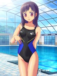 Rule 34 | 1girl, competition swimsuit, highleg, highleg swimsuit, mizuno (brand), one-piece swimsuit, pool, purple hair, swimsuit