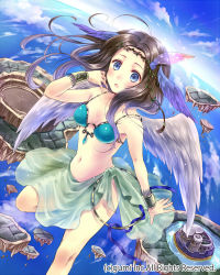 Rule 34 | 1girl, :o, barefoot, bikini, bikini top only, blush, bracelet, breasts, brown hair, cleavage, cloud, company name, feather hair ornament, feathered wings, feathers, floating island, flying, feather hair ornament, hanekoto, head wings, jewelry, leg up, navel, o-ring, o-ring top, purple eyes, sarong, sky, solo, swimsuit, wings