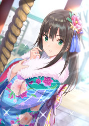 Rule 34 | 1girl, back bow, black hair, blue kimono, blurry, blurry background, blush, bow, closed mouth, commentary request, day, depth of field, dutch angle, floral print, flower, fur, green eyes, hair flower, hair ornament, hands up, idolmaster, idolmaster cinderella girls, japanese clothes, kimono, long hair, long sleeves, outdoors, pink flower, print kimono, rope, shibuya rin, sidelocks, smile, solo, tamakaga, tassel, upper body, wide sleeves