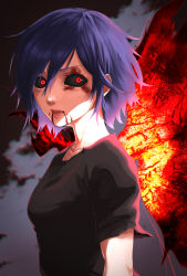 Rule 34 | 1girl, black sclera, black shirt, blood, blood from mouth, blue hair, breasts, collarbone, colored sclera, commentary request, from side, hair between eyes, hair over one eye, highres, kirishima touka, looking at viewer, open mouth, purple hair, red eyes, red wings, shirt, short hair, short sleeves, solo, teeth, tokyo ghoul, tomato (akait0mat0), torn clothes, torn shirt, upper body, wings