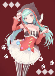 Rule 34 | 1girl, armpits, black hoodie, blue hair, blunt bangs, breasts, cat food (vocaloid), cleavage, closed mouth, collarbone, cowboy shot, detached sleeves, facial mark, floating hair, frilled skirt, frills, hatsune miku, head tilt, highres, hood, hood up, hoodie, layered sleeves, long hair, long sleeves, miniskirt, pantyhose, pleated skirt, red background, red sleeves, skirt, small breasts, smile, solo, standing, strapless, striped clothes, striped pantyhose, sweater, vertical-striped clothes, vertical-striped pantyhose, very long hair, vocaloid, white skirt, yellow sweater, yuzuaji