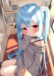 Rule 34 | 1girl, black thighhighs, blue hair, blush, commentary request, ear piercing, grey shirt, hair ornament, hairclip, hand up, highres, holding hands, interlocked fingers, long hair, long sleeves, looking at viewer, off shoulder, original, parted lips, piercing, rabbit hair ornament, red eyes, shirt, signature, sitting, sleeves past wrists, solo focus, thighhighs, train interior, tsukiman, twintails, very long hair