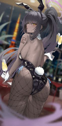Rule 34 | 1girl, absurdres, animal ears, ass, back, bare shoulders, black hair, black leotard, blue archive, blurry, blurry background, blush, breasts, cup, dark-skinned female, dark skin, detached collar, drinking glass, fake animal ears, fishnet pantyhose, fishnets, gloves, halo, highleg, highleg leotard, highres, karin (blue archive), karin (bunny) (blue archive), large breasts, leotard, long hair, looking at viewer, number tattoo, pantyhose, playboy bunny, ponytail, rabbit ears, rabbit tail, serie niai, shoulder tattoo, sidelocks, solo, tail, tattoo, thighs, white gloves, yellow eyes