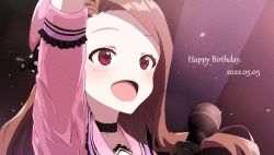 Rule 34 | 1girl, :d, asymmetrical bangs, black gloves, brown hair, dated, forehead, gloves, happy birthday, highres, holding, holding microphone, idol, idolmaster, idolmaster (classic), idolmaster million live!, looking afar, maa (io 215), microphone, minase iori, open mouth, outstretched arm, portrait, red eyes, smile, solo