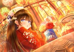 Rule 34 | 1girl, blue eyes, blush, bow, bow earrings, brown hair, cafe, cup, dessert, earrings, flower, food, fruit, gem, glass teacup, glass teapot, hair ornament, hairclip, hat, hat flower, highres, indoors, jewelry, long hair, long sleeves, looking at viewer, lushuao, nail polish, open mouth, orange (fruit), orange slice, original, pearl (gemstone), plant, restaurant, rose, sleeves past wrists, solo, stained glass, sweater, table, tablecloth, teacup, teapot, tiered tray, vase