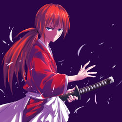 Rule 34 | 1boy, battoujutsu stance, blue eyes, facial scar, fighting stance, fish.boy, hair tie, highres, himura kenshin, japanese clothes, katana, long hair, male focus, ponytail, ready to draw, red hair, rurouni kenshin, scar, scar on cheek, scar on face, serious, sheath, sheathed, solo, sword, weapon