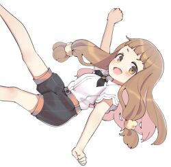 Rule 34 | 1girl, aa211108, clenched hands, hairband, ichihara nina, idolmaster, idolmaster cinderella girls, light brown hair, long hair, looking at viewer, open mouth, shirt, shorts, simple background, smile, solo, white shirt