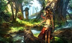Rule 34 | 1boy, 1girl, arm behind head, backpack, bag, bare shoulders, black hair, brown hair, forest, grass, jewelry, long hair, midriff, nature, navel, original, outdoors, ox (baallore), plant, polearm, scenery, spear, standing, stream, tree, weapon, wolf, yellow eyes