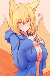 Rule 34 | 1girl, animal ears, blonde hair, blush, breasts, center opening, dearmybrothers, female focus, fox ears, fox tail, heart, highres, hood, hoodie, large breasts, looking at viewer, multiple tails, naked hoodie, open clothes, open hoodie, solo, tail, touhou, yakumo ran, yellow eyes