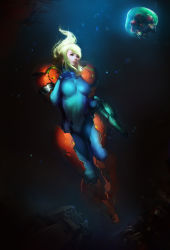 Rule 34 | 1girl, absurdres, alien, arm cannon, armor, blue bodysuit, bodysuit, breasts, commentary request, eyebrows, fangs, floating hair, full body, glowing, hand on own chest, hand up, highres, leg armor, lips, long hair, looking at another, metroid, metroid (creature), nintendo, noboundary, parted lips, ponytail, realistic, ribs, samus aran, shoulder pads, skin tight, stomach, varia suit, weapon, zero suit
