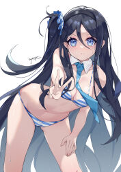 Rule 34 | 1girl, absurdly long hair, absurdres, aris (blue archive), artist name, bare arms, bare legs, bikini, black hair, black hairband, blue archive, blue bikini, blue eyes, blue necktie, bow, bow bikini, breasts, cleavage, commentary request, detached collar, hair between eyes, hair ornament, hair scrunchie, hairband, highres, leaning forward, long hair, looking at viewer, medium breasts, navel, necktie, no halo, one side up, revision, scrunchie, signature, simple background, standing, stomach, striped bikini, striped clothes, sweat, swimsuit, syusyuu, thighs, v, very long hair, white background, white bikini