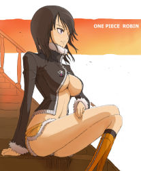 Rule 34 | 1girl, bad leg, black hair, boots, breasts, character name, copyright name, fur trim, highres, jacket, large breasts, crossed legs, miniskirt, navel, nico robin, one piece, plus step, short shorts, shorts, sitting, skirt, solo, stairs, underboob