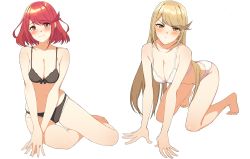 Rule 34 | 2girls, alternate costume, bad id, bad pixiv id, barefoot, black panties, blonde hair, blush, bra, breasts, cleavage, goumudan, highres, jewelry, large breasts, long hair, looking at viewer, multiple girls, mythra (xenoblade), nintendo, panties, pyra (xenoblade), red hair, short hair, simple background, smile, soles, underwear, underwear only, white background, white panties, xenoblade chronicles (series), xenoblade chronicles 2, yellow eyes