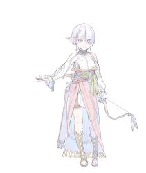 Rule 34 | 1girl, absurdres, arrow (projectile), bare shoulders, blouse, boots, bow (weapon), braid, brown footwear, brown shorts, closed mouth, clothing cutout, ear ornament, enkyo yuuichirou, full body, green ribbon, grey hair, hair over one eye, hair tubes, highres, holding, holding bow (weapon), holding weapon, long sleeves, looking at viewer, one eye covered, original, pelvic curtain, pointy ears, quiver, red eyes, ribbon, sash, shirt, short hair, shorts, shoulder cutout, side braid, simple background, smile, solo, standing, tassel, toeless footwear, waist cape, weapon, white background, white shirt