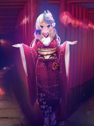 Rule 34 | 1girl, :&gt;, akai haato, akai haato (new year), blonde hair, blue bow, blue eyes, blurry, blush, bow, breasts, depth of field, fox mask, fur trim, furisode, hair bow, highres, hololive, japanese clothes, kimono, looking at viewer, magowasabi, mask, mask on head, medium breasts, obi, open hands, red kimono, sandals, sash, smile, socks, solo, torii, virtual youtuber, wide sleeves