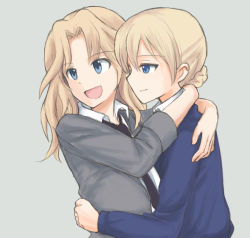 Rule 34 | 10s, 2girls, black neckwear, blazer, blonde hair, blouse, blue eyes, blue sweater, braid, braided bun, closed mouth, collared shirt, commentary, darjeeling (girls und panzer), girls und panzer, grey jacket, hair bun, hair intakes, hug, jacket, kay (girls und panzer), long hair, long sleeves, looking to the side, multiple girls, mutsu (layergreen), mutual hug, necktie, open clothes, open jacket, open mouth, saunders school uniform, school uniform, shirt, short hair, simple background, sleeves rolled up, smile, st. gloriana&#039;s school uniform, standing, sweater, upper body, white shirt, yuri