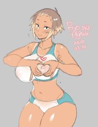 Rule 34 | 1girl, agawa ryou, black eyes, blonde hair, blush, breasts, brown hair, commentary, dark-skinned female, dark skin, dated, english commentary, grey background, gym shorts, heart, heart-shaped boob challenge, heart hands, huge breasts, looking at viewer, midriff, multicolored hair, navel, nipples, original, see-through, see-through sports bra, short hair, shorts, simple background, sketch, solo, sports bra, tan, tani tsukune, tanline, thick thighs, thighs, two-tone hair