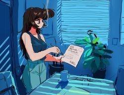 Rule 34 | 1980s (style), 1girl, aheahead, amane natsuko, black hair, cigarette, cup, female focus, high-waist pants, holding, holding paper, holding pen, indie virtual youtuber, long hair, mug, official art, oldschool, pants, paper, pen, plant, potted plant, retro artstyle, smoke, smoking, solo, table, tank top, virtual youtuber, window