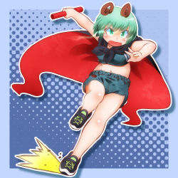 Rule 34 | 1girl, antennae, black cape, black footwear, blue shorts, breasts, bug, cape, commentary request, full body, green eyes, green hair, hair between eyes, insect, ladybug, looking to the side, matty (zuwzi), midriff, navel, open mouth, red cape, relay baton, running, shoes, short hair, shorts, small breasts, sneakers, solo, sports bra, touhou, two-sided cape, two-sided fabric, wriggle day, wriggle nightbug